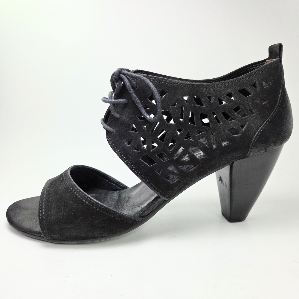 Paul Green Laser-Cut Black Suede Lace-Up Bootie Heel Women Size 8.5 US (6.5 UK)